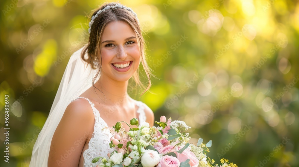 A joyful bride holding a beautiful bouquet, radiating happiness in a lush outdoor setting. A joyful bride holding a beautiful bouquet, radiating happiness in a lush outdoor setting.