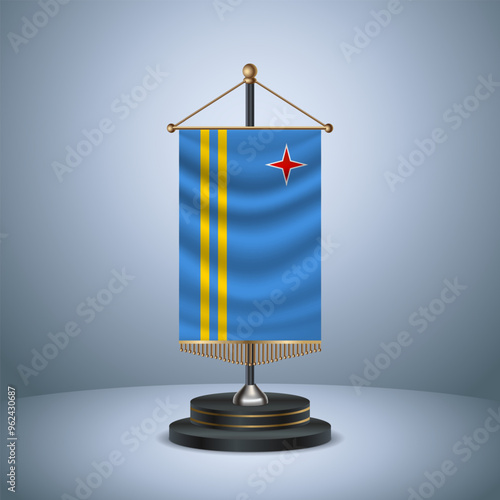 Aruba Vertical table flag with golden pole  on dark  gradient background