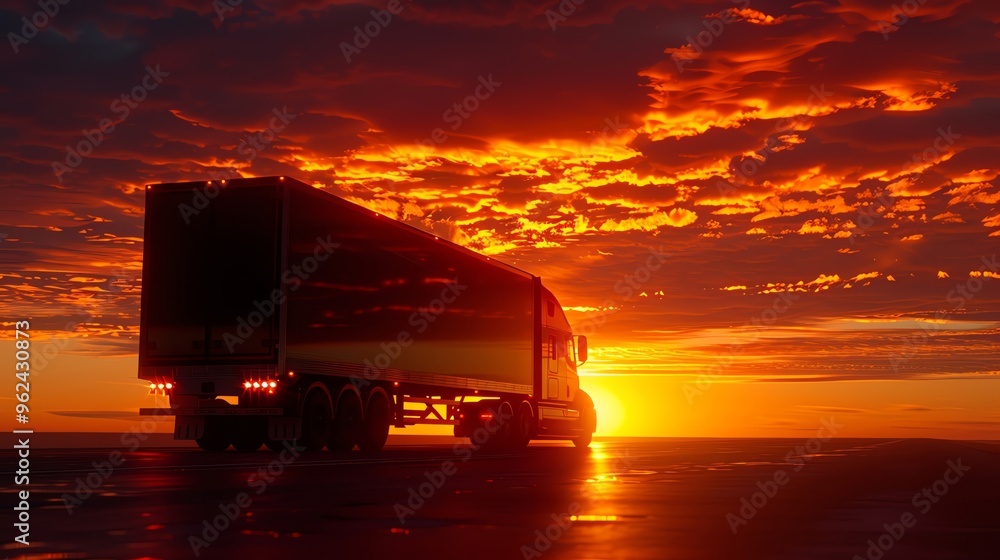 Silhouette of a truck with a cargo trailer on a highway against a sunset sky background Silhouette of a truck with a cargo trailer on a highway against a sunset sky background