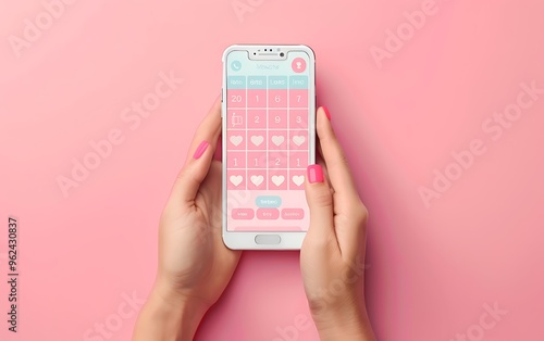 Female hands holding mobile phone with calendar app on screen on pink background