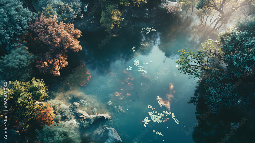 Fototapeta premium A still pond reflecting lush trees and foliage, creating a peaceful and calming scene in a quiet forest