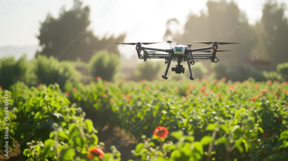 A drone flying over a vibrant field of flowers, showcasing agricultural technology in action. A drone flying over a vibrant field of flowers, showcasing agricultural technology in action.