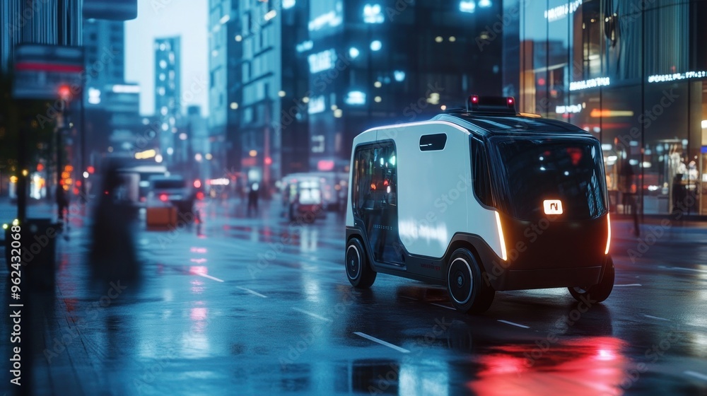 Autonomous Vehicle Driving Through a City Street at Night Autonomous Vehicle Driving Through a City Street at Night