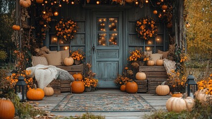 Autumn bedroom, living room interior. Red and yellow leaves and flowers in the vase and pumpkin on light background