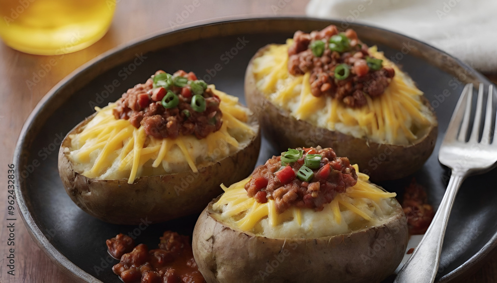 loaded chili cheese baked potatoes on a plate loaded chili cheese baked potatoes on a plate