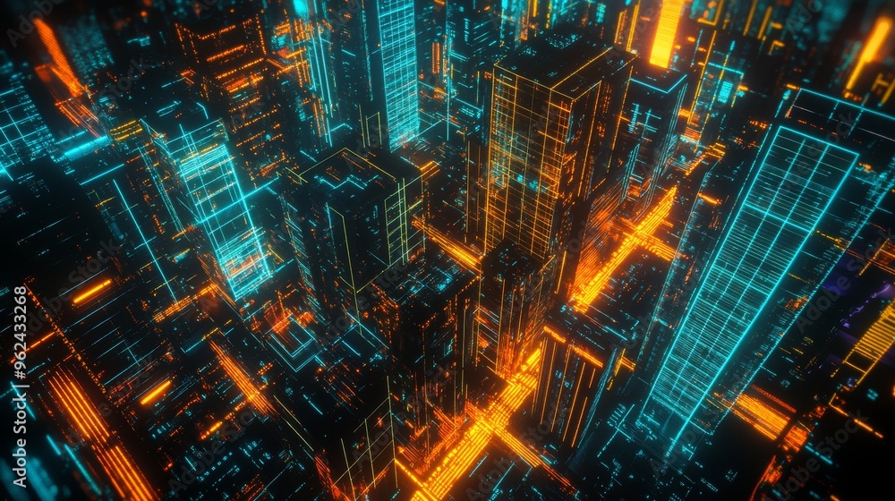 A futuristic aerial view of a modern city, with glowing communication nodes and digital data streams connecting skyscrapers. Neon-lit streets and vibrant network grids A futuristic aerial view of a modern city, with glowing communication nodes and digital data streams connecting skyscrapers. Neon-lit streets and vibrant network grids