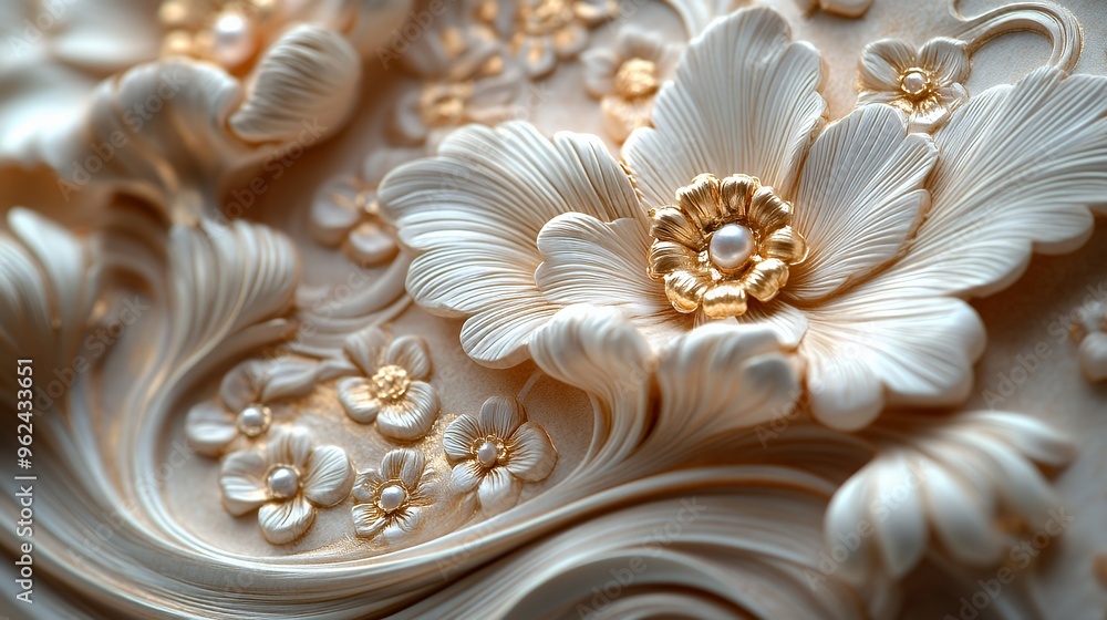 Close-up of intricate white floral design with gold accents and pearls. Close-up of intricate white floral design with gold accents and pearls.