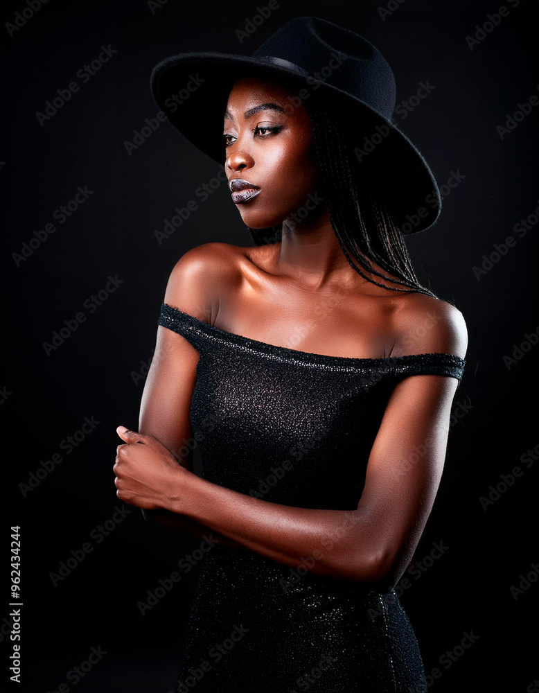 Beautiful young African American woman wearing black dress and hat isolated over black background Beautiful young African American woman wearing black dress and hat isolated over black background