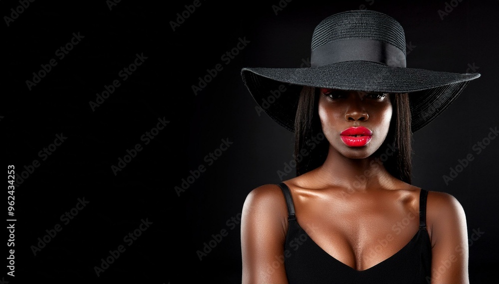A stunning African American woman adorned in a black dress and hat, with exaggeratedly red lips, isolated on black backdrop which includes ample space designated for text. A stunning African American woman adorned in a black dress and hat, with exaggeratedly red lips, isolated on black backdrop which includes ample space designated for text.