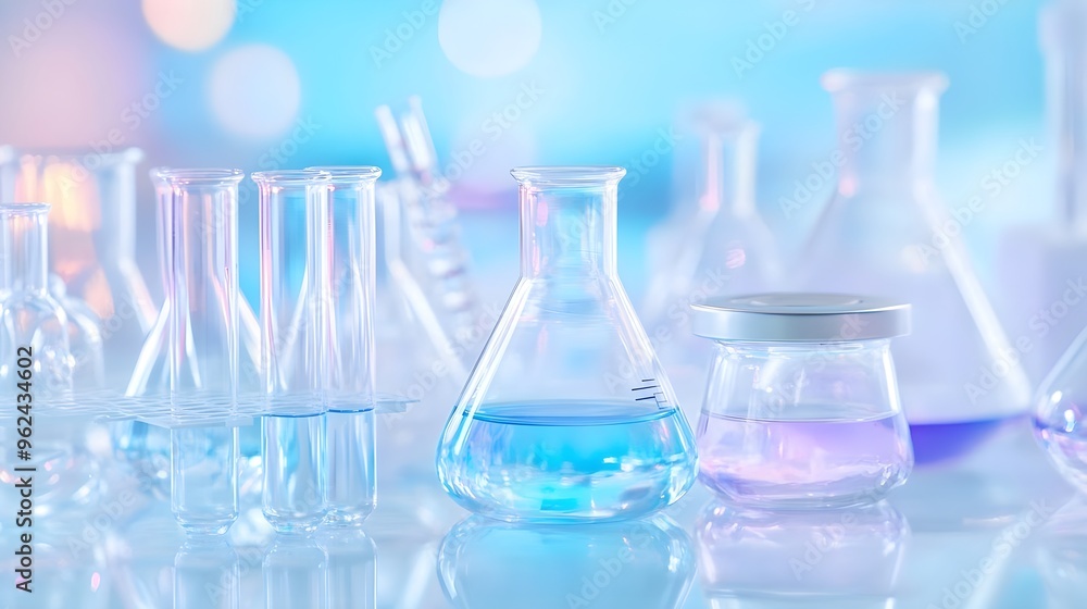 Lab Glassware with Blue and Purple Liquids on a Table Lab Glassware with Blue and Purple Liquids on a Table