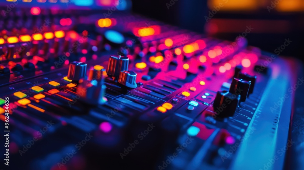 A close-up of a soundboard with glowing LED levels, knobs, and faders, surrounded by ambient studio lighting, high-tech, professional audio equipment, sound engineering, mixing console, studio tools A close-up of a soundboard with glowing LED levels, knobs, and faders, surrounded by ambient studio lighting, high-tech, professional audio equipment, sound engineering, mixing console, studio tools