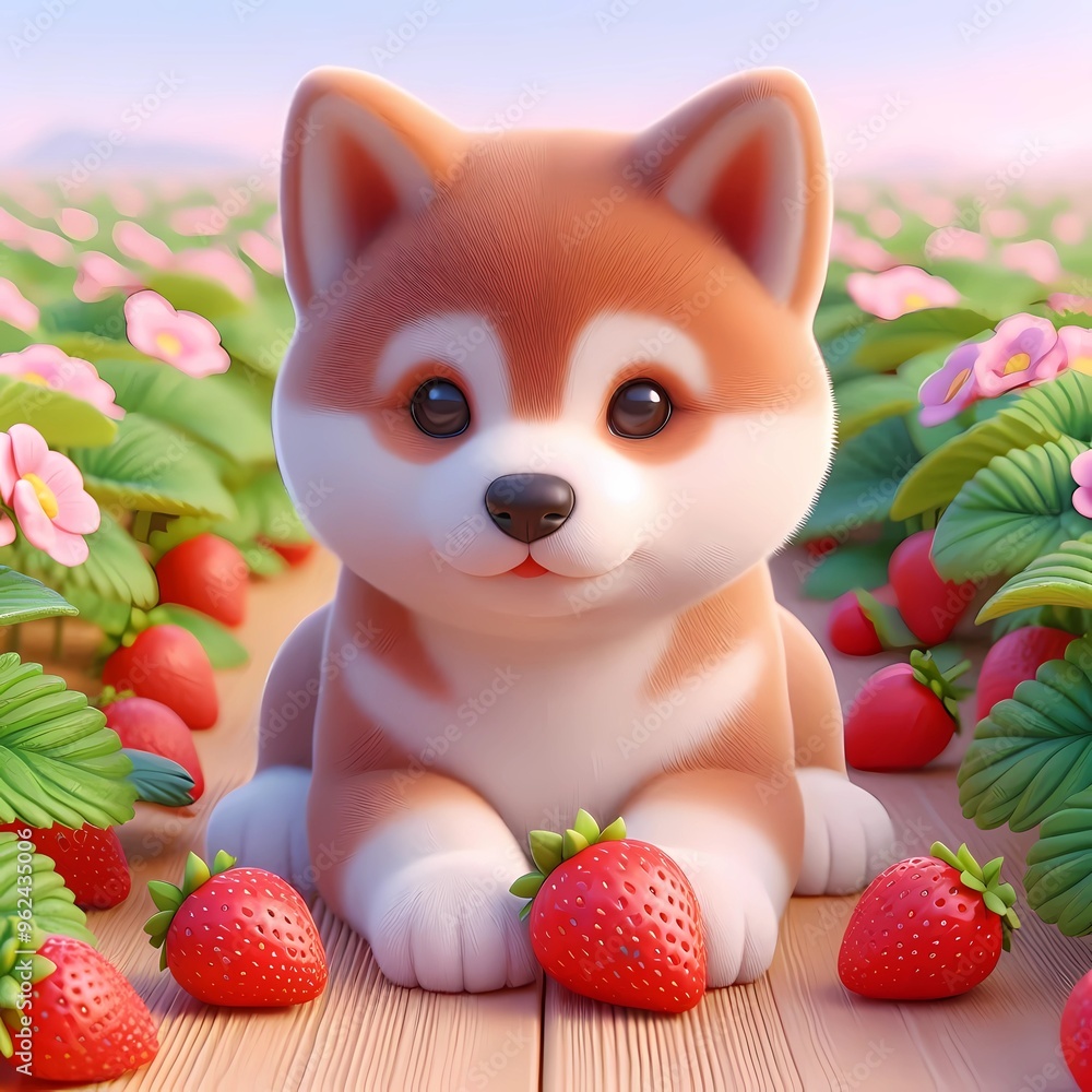 Shiba Inu in einem Erdbeerfeld Shiba Inu in einem Erdbeerfeld