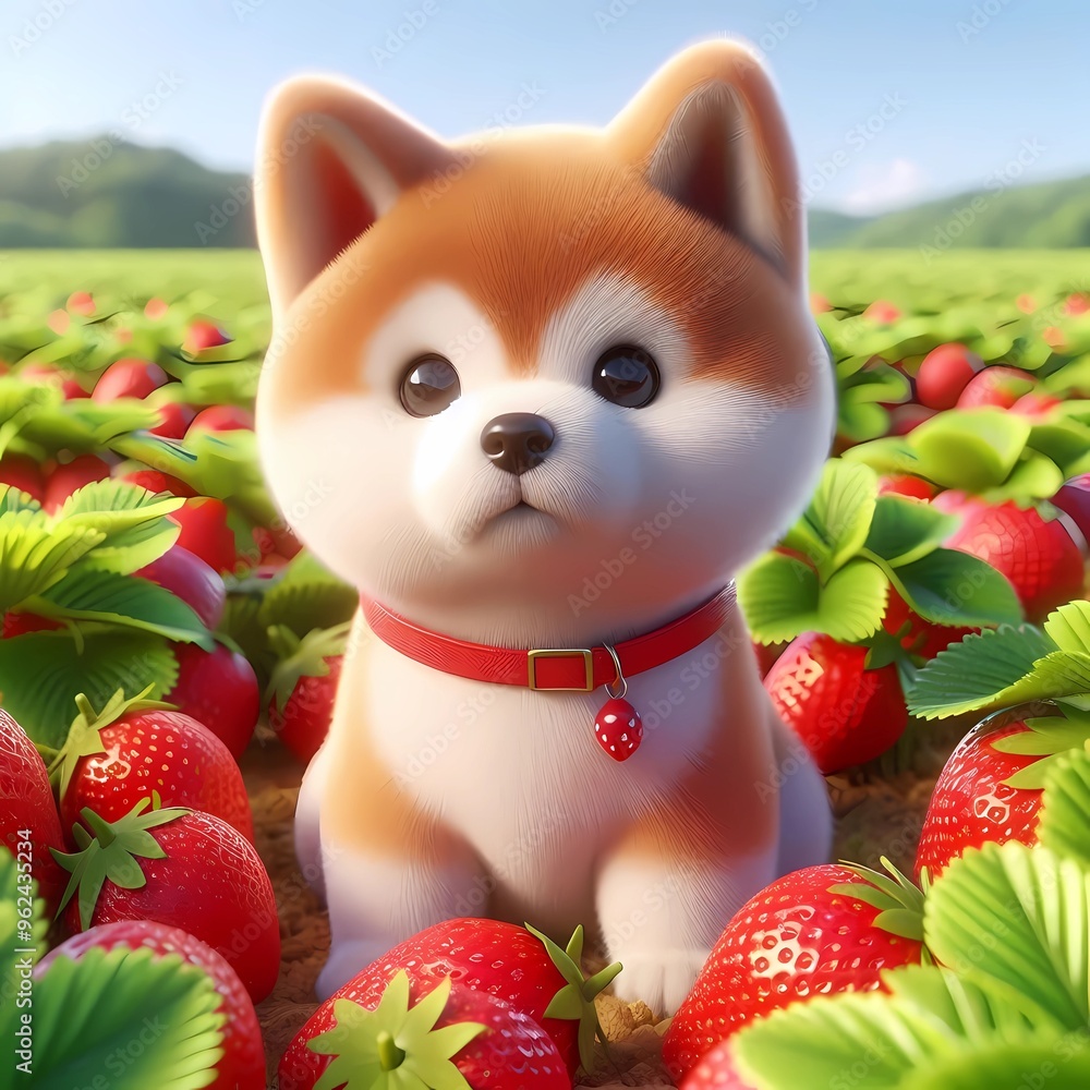 Fototapeta premium Shiba Inu in einem Erdbeerfeld