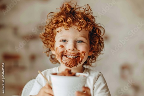 Brilliant sunlight highlights boy's happiness and vibrant curls. Sweet child red curls enjoys animated afternoon outside. Little one devours their favorite ice cream flavor.