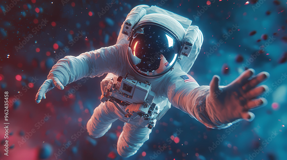 Fototapeta premium I offer you the stars / 3d illustration of science fiction scene with astronaut floating in outer space reaching with open hand towards viewer. Astronaut. Illustration