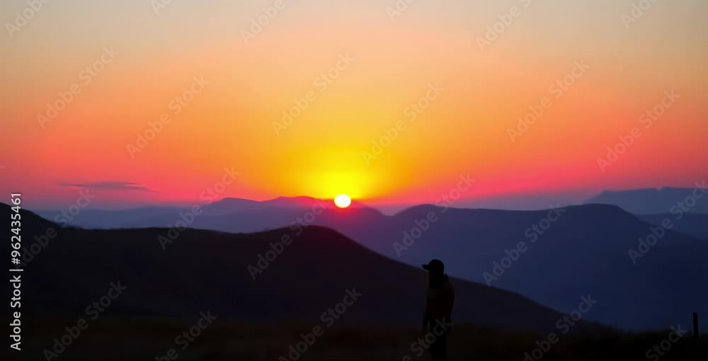 A person’s silhouette stands on a hill, framed by a vibrant sunset with hues of orange and purple, against a mountainous backdrop A person’s silhouette stands on a hill, framed by a vibrant sunset with hues of orange and purple, against a mountainous backdrop
