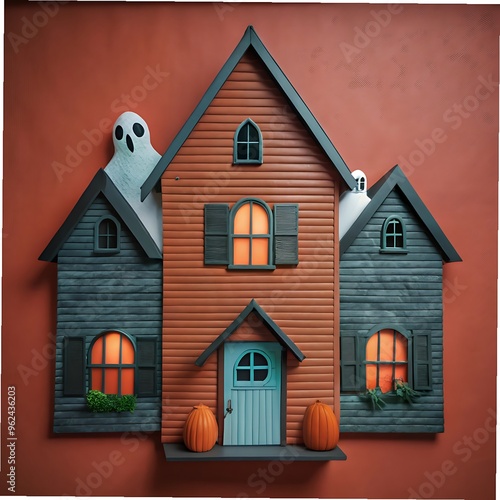 Halloween ghost house with flat design photo