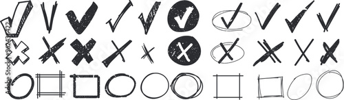 Doodle check mark set, sketch checklist icon hand drawn vector