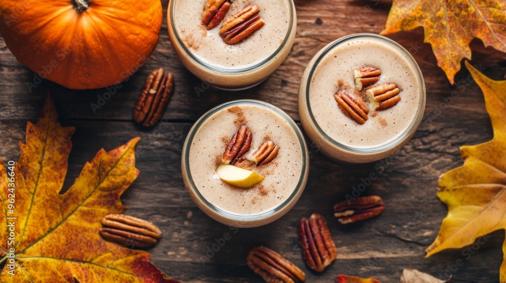 Autumn Bliss Smoothies, vibrant blends of pumpkin spice, apple, and cinnamon, garnished with pecan nuts and adorned with colorful seasonal leaves for a festive touch Autumn Bliss Smoothies, vibrant blends of pumpkin spice, apple, and cinnamon, garnished with pecan nuts and adorned with colorful seasonal leaves for a festive touch