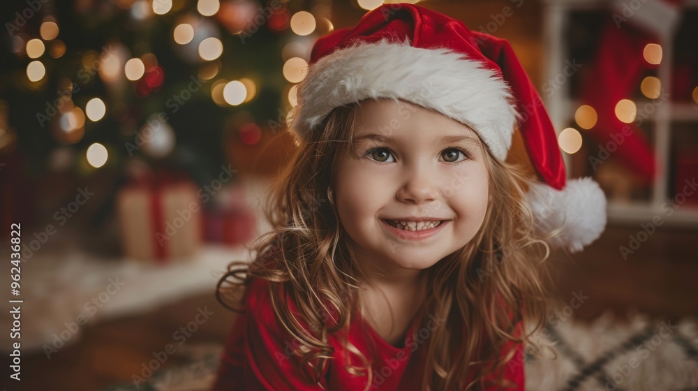 beautiful little girl with christmas hat and red sack next to her christmas tree at home beautiful little girl with christmas hat and red sack next to her christmas tree at home