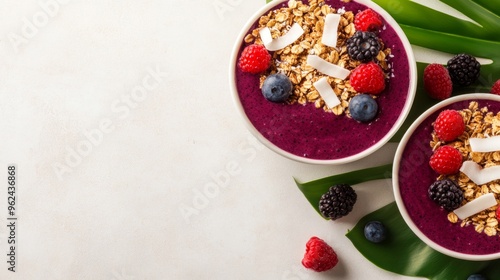 Vibrant Acai Bowl Delight, a colorful arrangement of acai smoothies topped with granola, berries, and coconut flakes, set against a bright tropical backdrop with a minimalist feel.