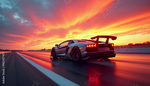 High-speed car racing with motion blur against a vibrant sunset, ideal for automotive or sports promotions.