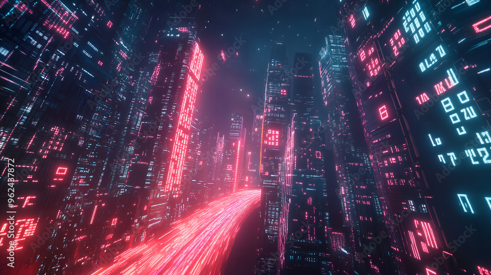 A cyberpunk-inspired city with neon-lit skyscrapers and glowing red data highways, representing advanced digital infrastructure and urban connectivity A cyberpunk-inspired city with neon-lit skyscrapers and glowing red data highways, representing advanced digital infrastructure and urban connectivity