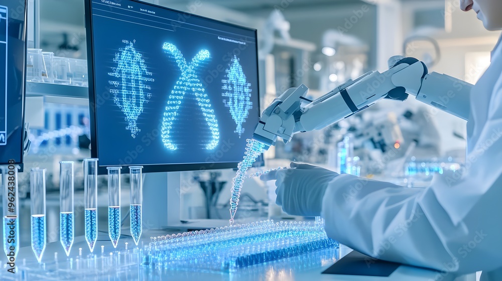 Robotic Arm & Scientist Working on DNA in Lab Robotic Arm & Scientist Working on DNA in Lab