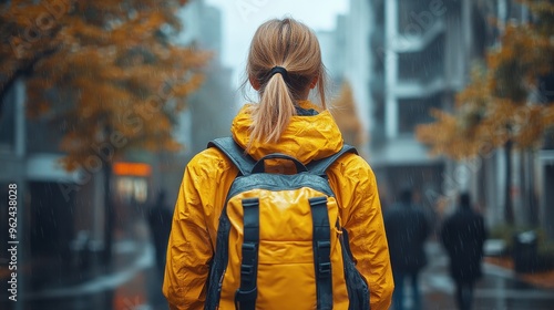 Young Woman in a Yellow Jacket Walking in the Street with Backpack, Looking at Buildings and Trees, Autumn Season