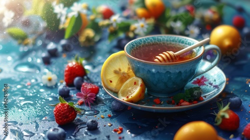A vibrant tea scene with a blue cup of tea, a honey dipper resting on the rim, and a slice of lemon. The setup is surrounded by fresh berries, flowers, and citrus fruits, creating a colorful and