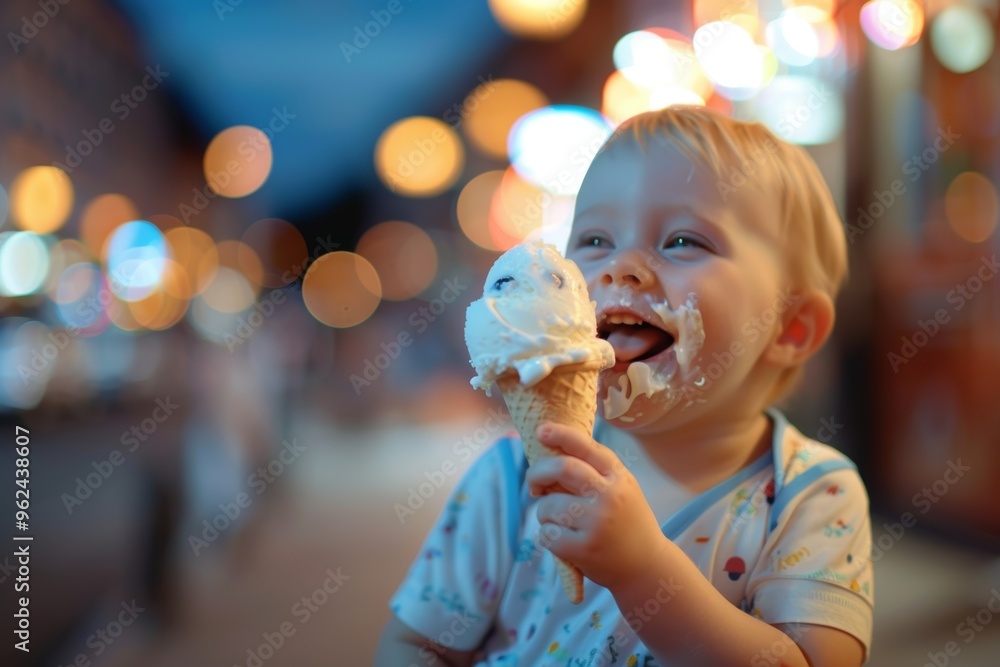 Child's eyes sparkle while eating ice cream. Infant's joyful expression highlights his delightful nature. Pure joy of childhood captured moment of laughter. Child's eyes sparkle while eating ice cream. Infant's joyful expression highlights his delightful nature. Pure joy of childhood captured moment of laughter.