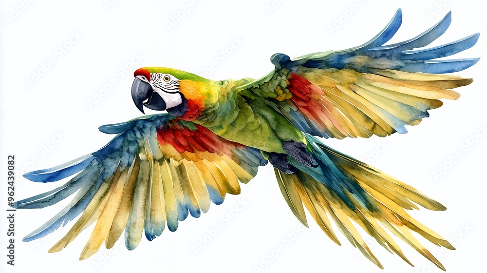 Fototapeta premium Watercolor painting of a colorful parrot in flight with its wings spread.