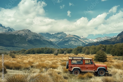 A classic red off-roader is parked in Patagonia's lush grasslands, with towering mountains under a vibrant sky.