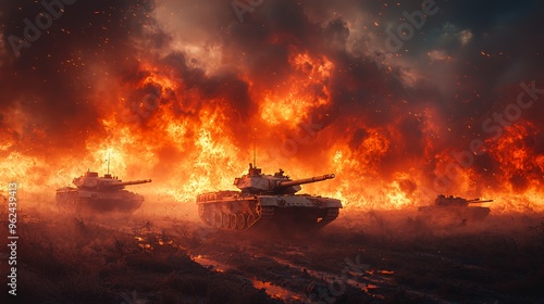 Military tank driving through fire and smoke in a war scene.