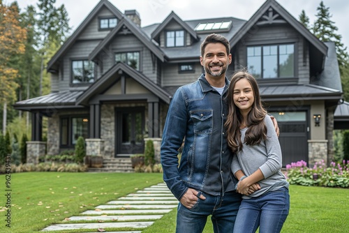 A smiling father and daughter stand together in front of their beautiful new house.