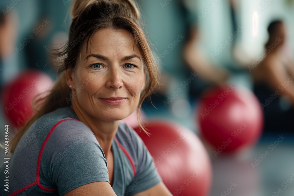 A mature woman with a cheerful smile engages in her workout routine at a gym filled with exercise balls. A mature woman with a cheerful smile engages in her workout routine at a gym filled with exercise balls.