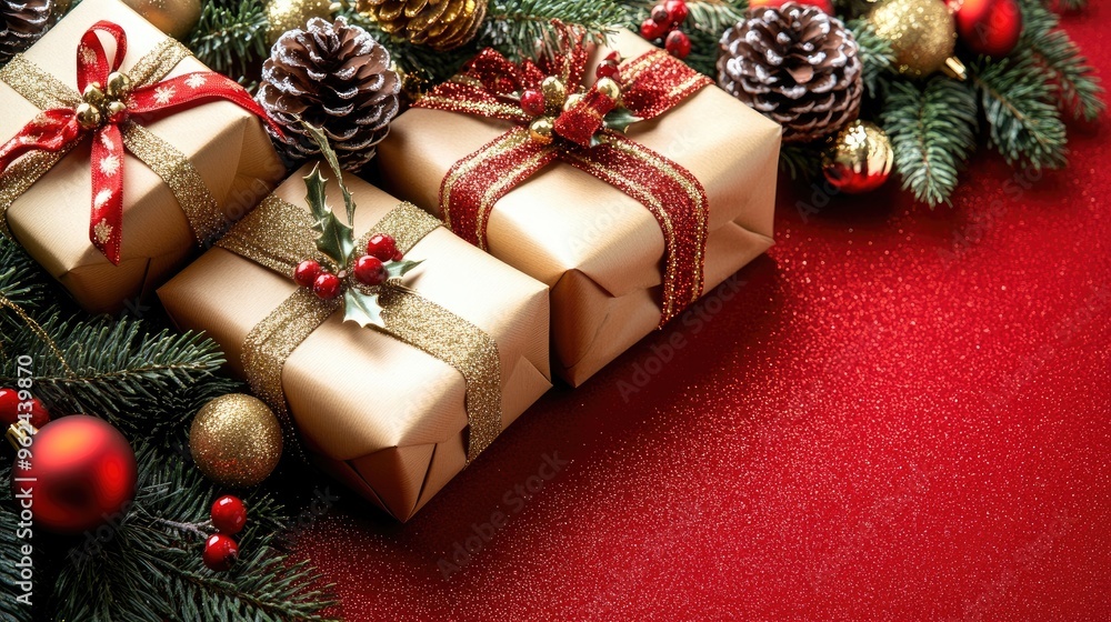 Christmas Presents Decorated With Pine Cones, Berries, and Ribbons Christmas Presents Decorated With Pine Cones, Berries, and Ribbons
