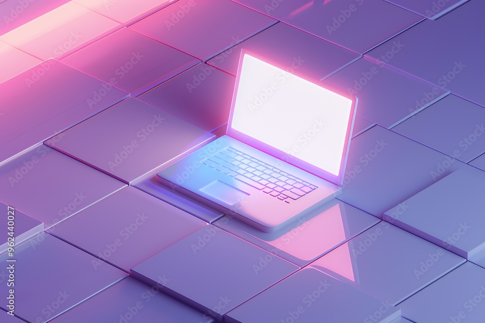 White laptop with a blank screen on a purple and pink geometric background. White laptop with a blank screen on a purple and pink geometric background.