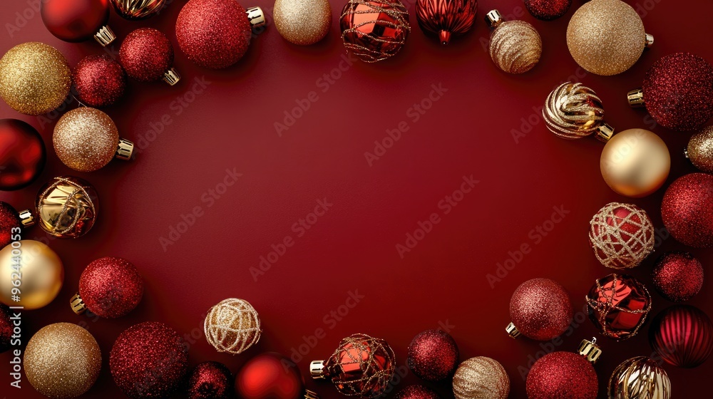 Red and Gold Christmas Ornaments Frame on a Red Background Red and Gold Christmas Ornaments Frame on a Red Background