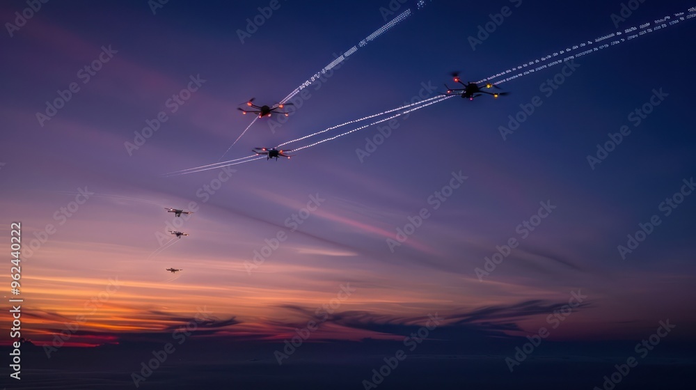 Drones Flying in Formation Against a Dramatic Sunset Drones Flying in Formation Against a Dramatic Sunset