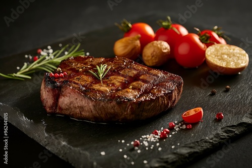 Close-up of a juicy, grilled steak with rosemary sprig on a black slate plate with red peppers, salt and peppercorns.