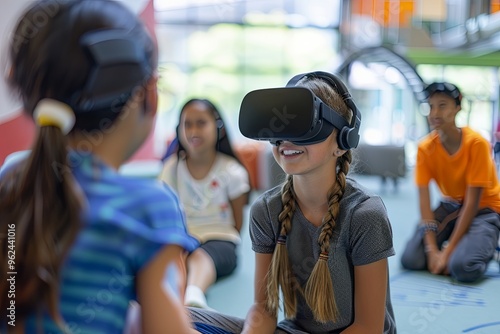 Young students engaged in virtual reality exploration inside a bright learning space during an educational session. Generative AI