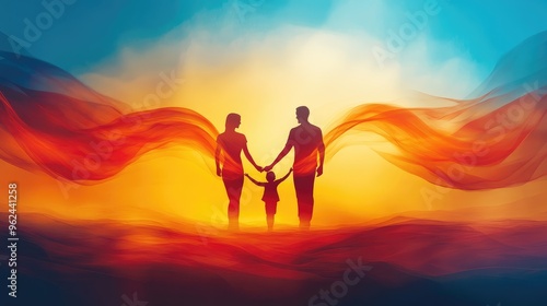 Abstract sign symbolizing love and warmth of a family, with dynamic flowing lines set against a realistic background, evoking unity and connection