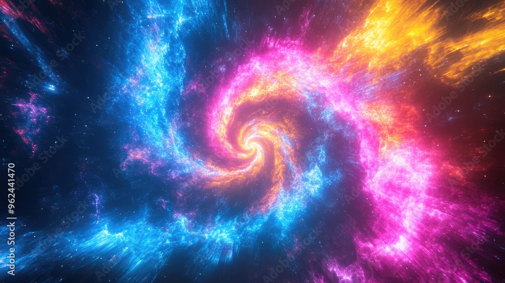 Abstract swirling neon light rays resembling a galaxy explosion, featuring blue, pink, yellow, and purple glow on a dark backdrop Abstract swirling neon light rays resembling a galaxy explosion, featuring blue, pink, yellow, and purple glow on a dark backdrop
