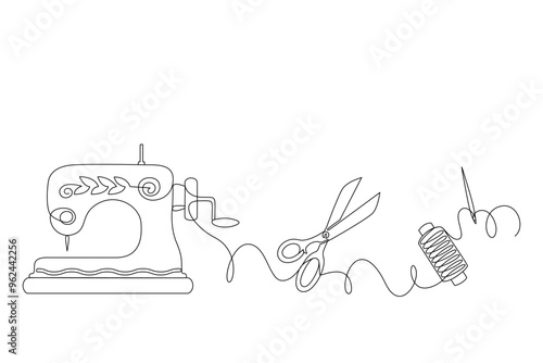 Concept of needlework, continuous drawing in one line in minimalism. Scissors, sewing machine, spool of thread, needle. Editable vector contour