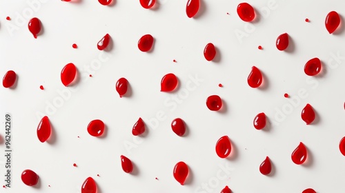 A minimalist pattern of red droplets evenly spread across a white background. The vibrant red contrasts sharply with the white, creating a striking and modern visual effect.