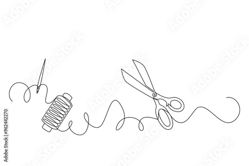 Concept of needlework, continuous drawing in one line in minimalism. Scissors, spool of thread, needle. Editable vector contour