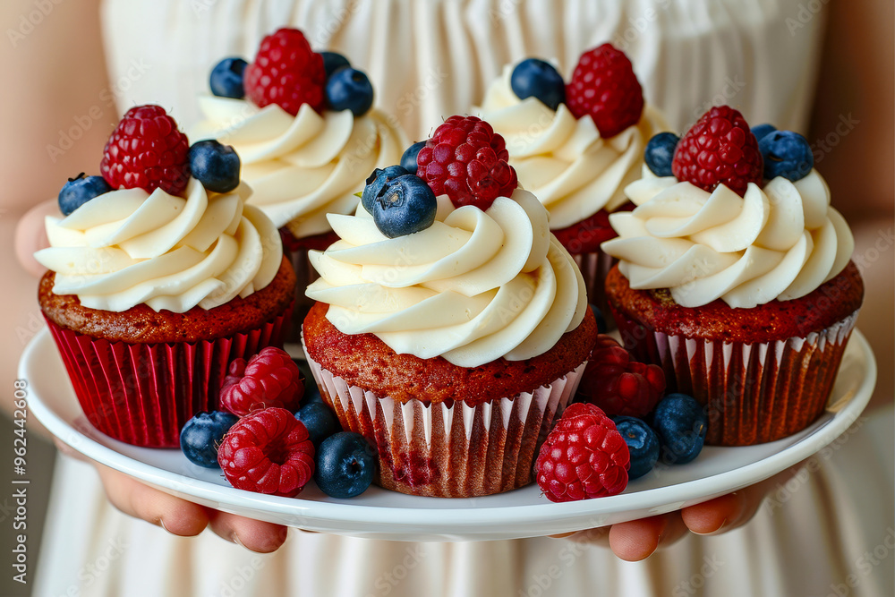 A person holds a white plate filled with colorful cupcakes topped with creamy frosting and fresh raspberries and blueberries. The setting is bright, highlighting the treats. A person holds a white plate filled with colorful cupcakes topped with creamy frosting and fresh raspberries and blueberries. The setting is bright, highlighting the treats.