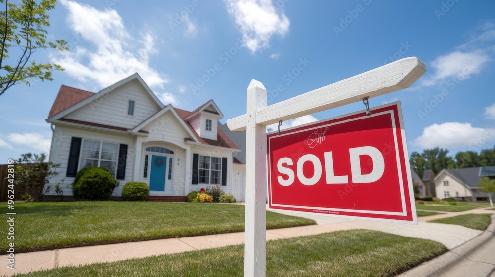 Vibrant Sold Sign in Front of Charming Home on a Sunny Day With Clear Blue Skies. Generative AI Vibrant Sold Sign in Front of Charming Home on a Sunny Day With Clear Blue Skies. Generative AI