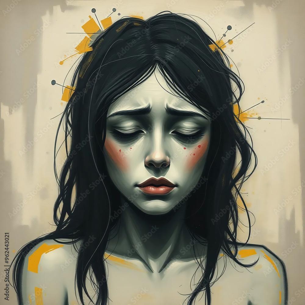 Emotional digital painting of a woman with a melancholic expression, surrounded by abstract geometric elements and muted tones, conveying deep sadness.
Emotional digital painting of a woman with a melancholic expression, surrounded by abstract geometric elements and muted tones, conveying deep sadness.